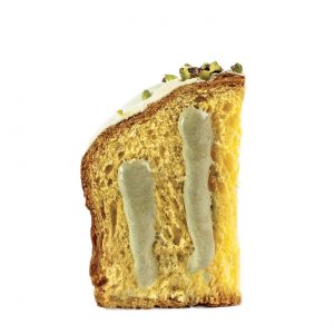 LE CHIC –Panettone ricoperto di cioccolato bianco e pistacchio farcito con crema di “Pistacchio Verde di Bronte Dop